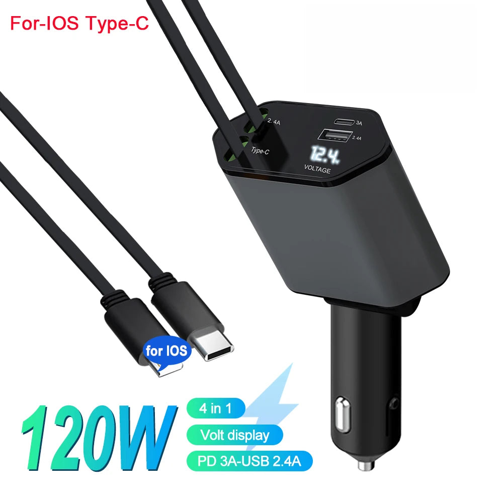4-In-1 Car Charger with 2 Retractable Cable 120W Fast Charger Power Adapter Car Charger with Starlight for IOS Android Phones