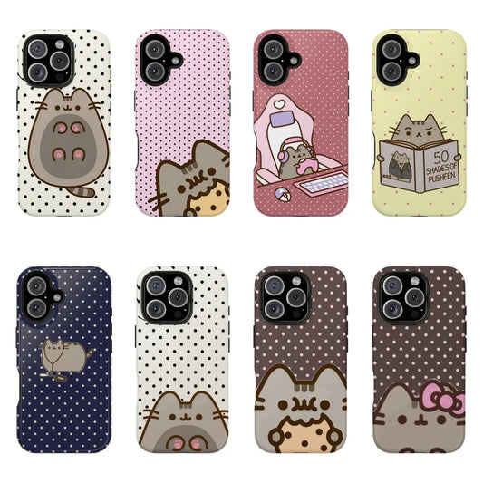 Pusheen the Cat Phone Case, Polka Dot Shockproof Case Cover Compatible with Iphone 16 15 14 13 12 11 Pro Max Galaxy S25 S24 S23 S22 Ultra, Gift for Christmas
