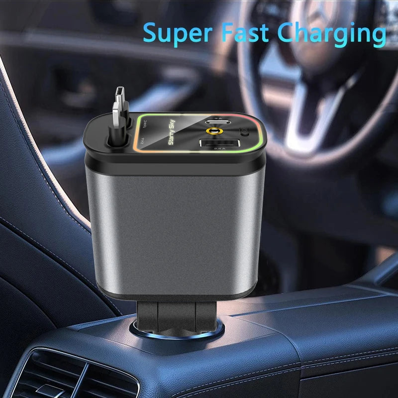 4-In-1 Car Charger with 2 Retractable Cable 120W Fast Charger Power Adapter Car Charger with Starlight for IOS Android Phones