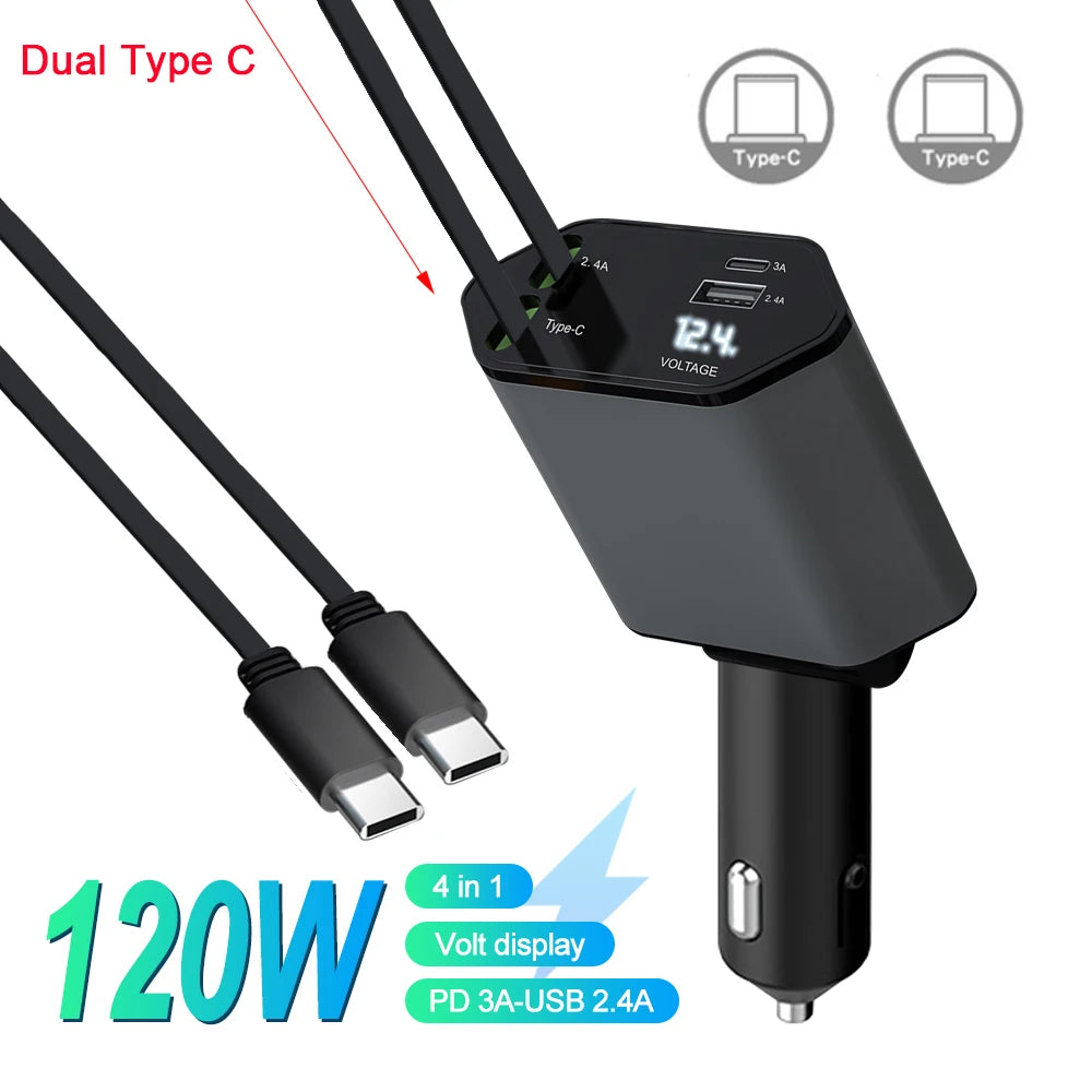 4-In-1 Car Charger with 2 Retractable Cable 120W Fast Charger Power Adapter Car Charger with Starlight for IOS Android Phones
