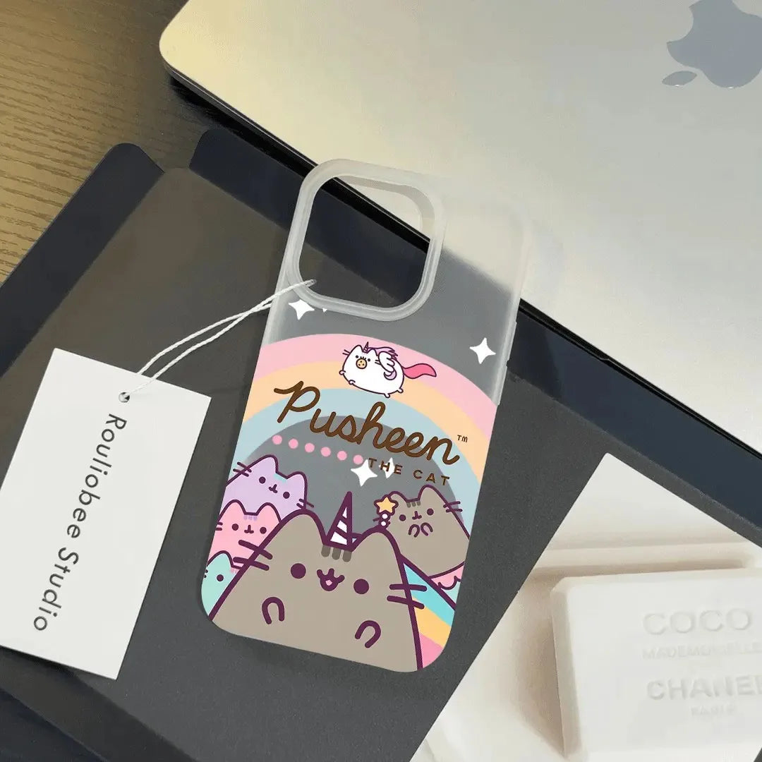 Cartoon Matte Clear Frosted Shockproof Phone Case for Iphone 17 17E 16E 16 15 14 plus 13 12 11 Air plus Pro Max P-Pusheens Cat