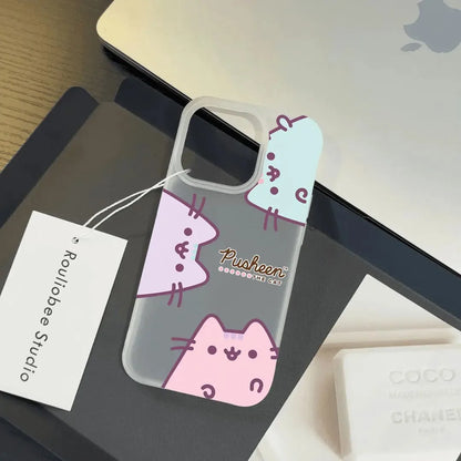 Cartoon Matte Clear Frosted Shockproof Phone Case for Iphone 17 17E 16E 16 15 14 plus 13 12 11 Air plus Pro Max P-Pusheens Cat