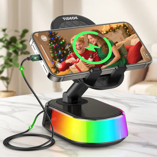 TIDEOK Wireless Bluetooth Speaker with Integrated Phone Holder, Emergency Charging, Smart Sensing Technology, Colorful Ambient Lighting, 9D HD Surround Sound, and Foldable Rotatable Design for iPhone and Android Devices