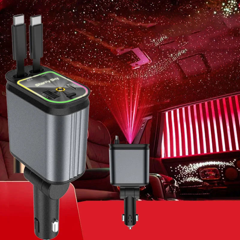 4-In-1 Car Charger with 2 Retractable Cable 120W Fast Charger Power Adapter Car Charger with Starlight for IOS Android Phones