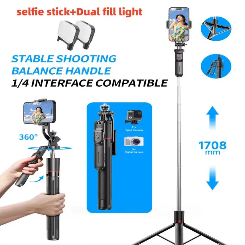 Selfie Stick Tripod with 1708Mm Long Monopod Fill Light, Bluetooth Remote, 360° Rotation, 1/4 Interface, for Mobile Phone
