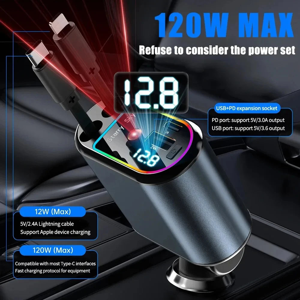 4-In-1 Car Charger with 2 Retractable Cable 120W Fast Charger Power Adapter Car Charger with Starlight for IOS Android Phones