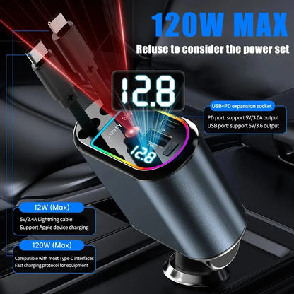 4-In-1 Car Charger with 2 Retractable Cable 120W Fast Charger Power Adapter Car Charger with Starlight for IOS Android Phones